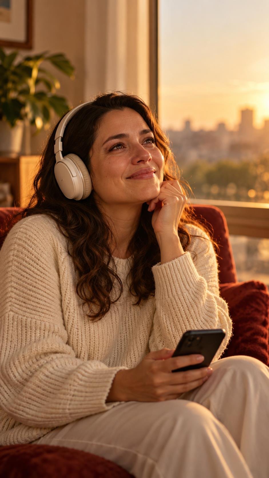 Mulher com fones de ouvido sorrindo emocionada ao ouvir uma música