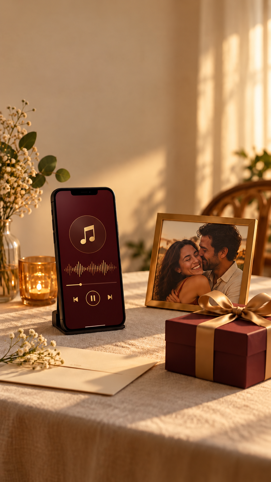 Presente com laço dourado, celular reproduzindo uma música e uma fotografia de casal